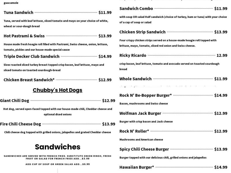 Chubby's Diner Menu