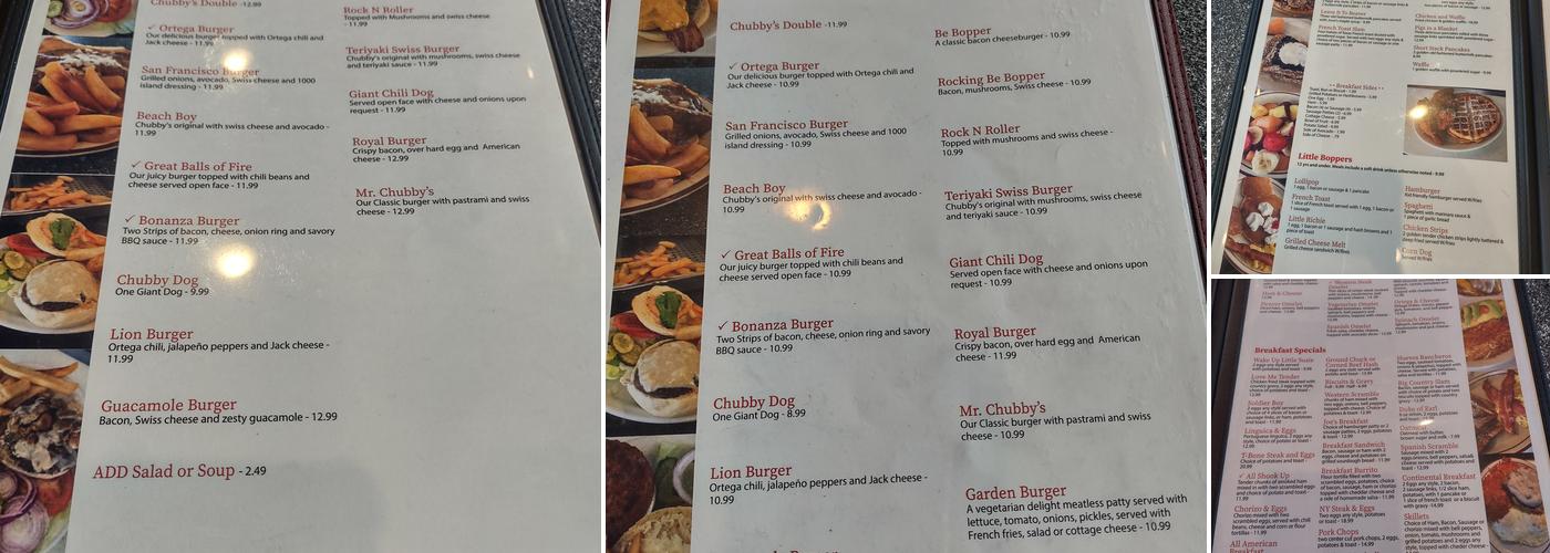 Chubby's Diner Menu