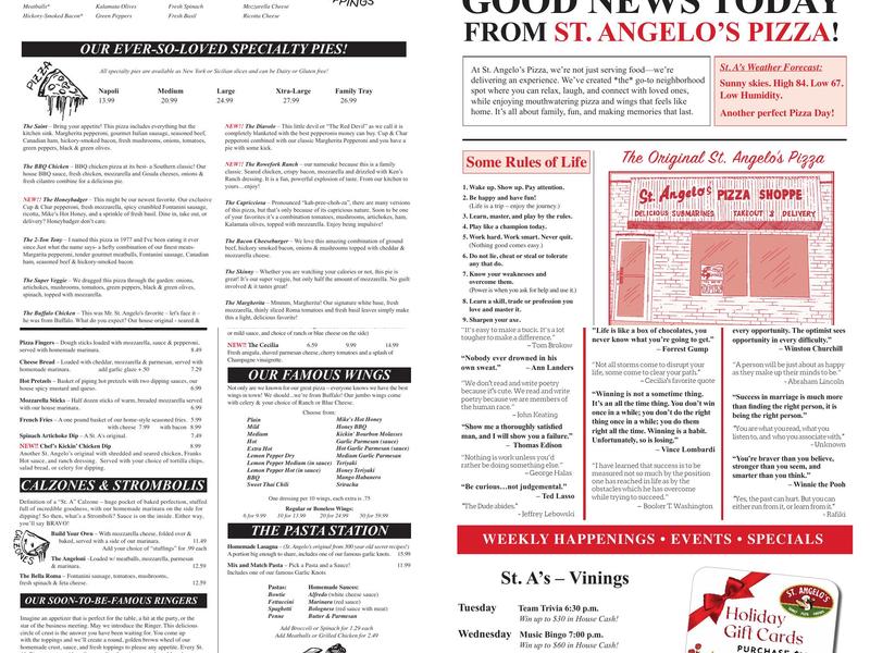 St Angelo's Pizza Menu