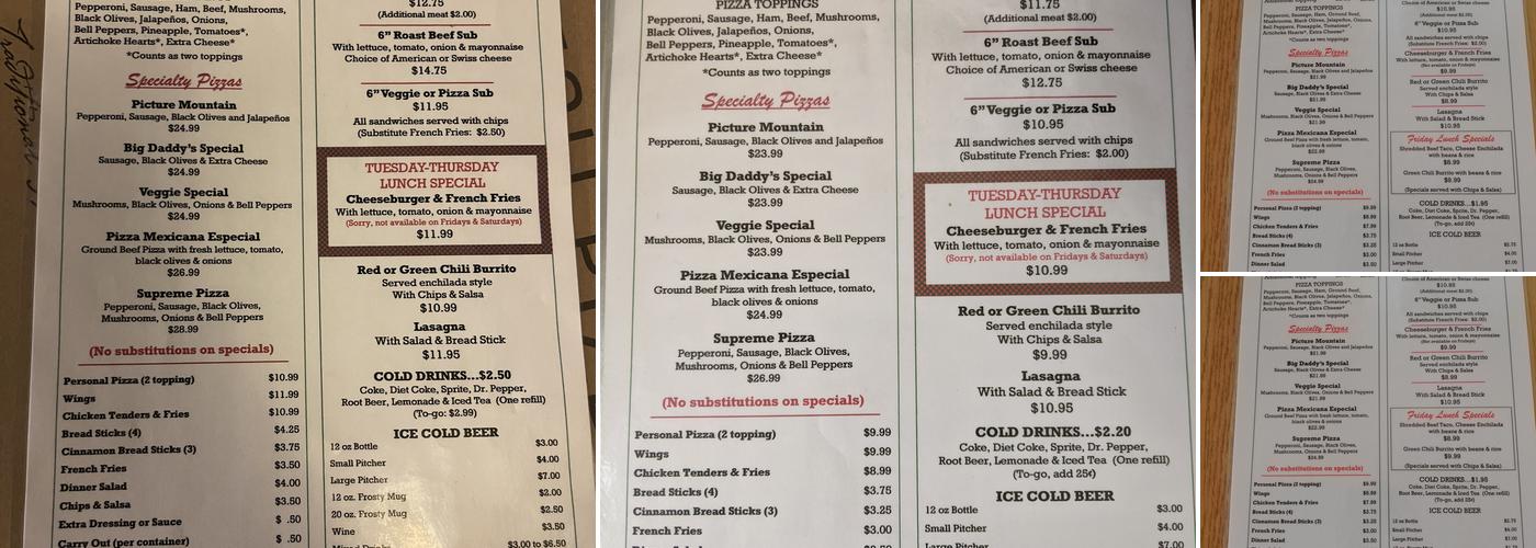 Big Daddy's Pizza Menu