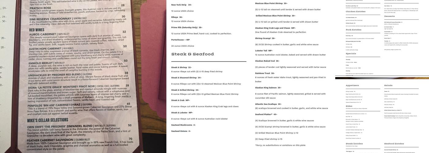 Diamond Point Shadows Restaurant Menu