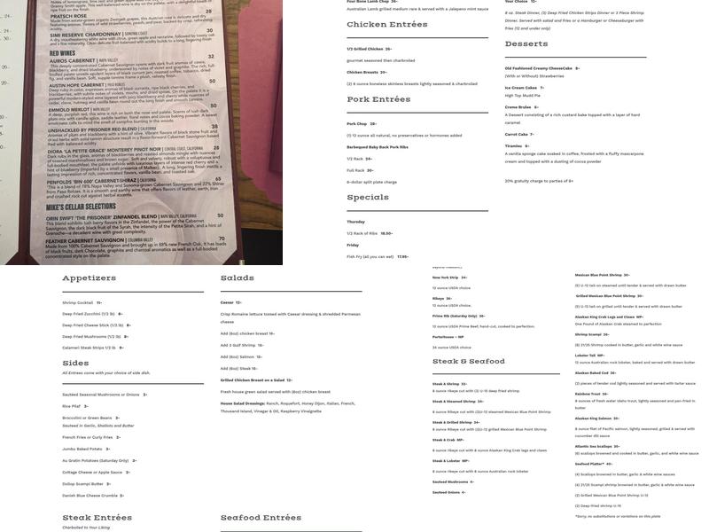 Diamond Point Shadows Restaurant Menu