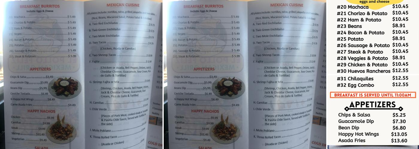 El Pollo Feliz Menu