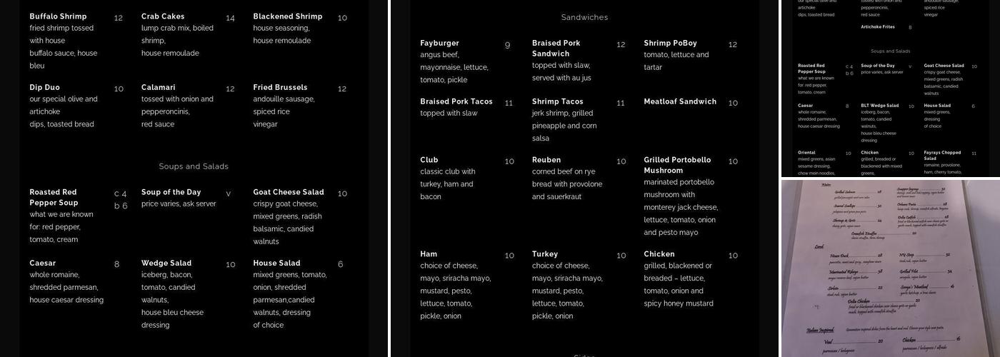 Fayrays Menu