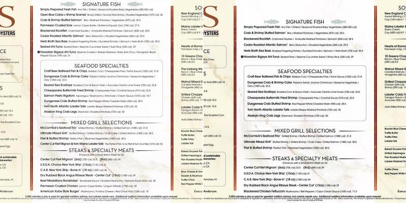 McCormick & Schmick's Seafood & Steaks Menu