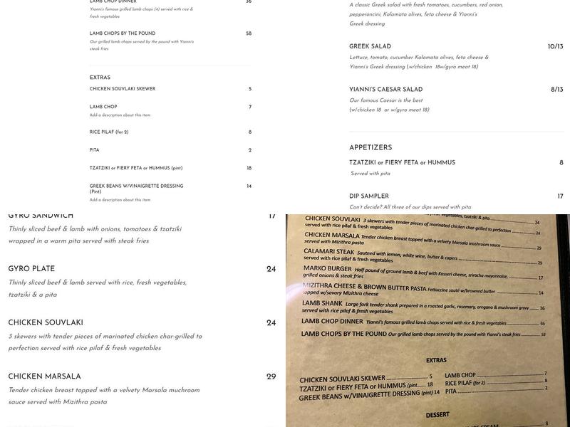 Yianni's Bar & Grill Menu