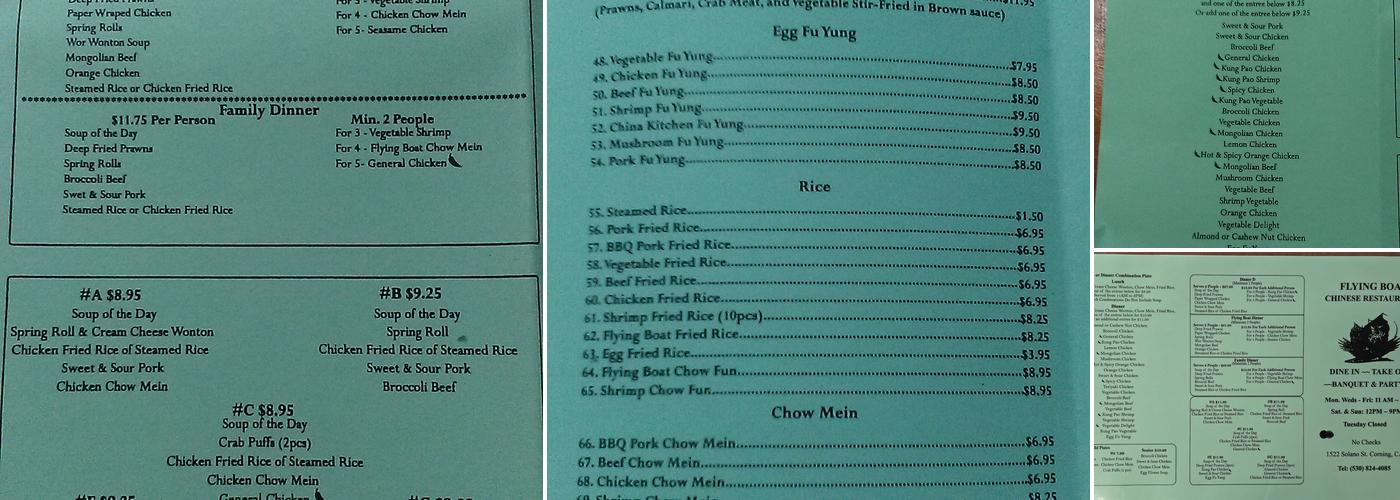 Flying Boat Chinese Restaurant Menu