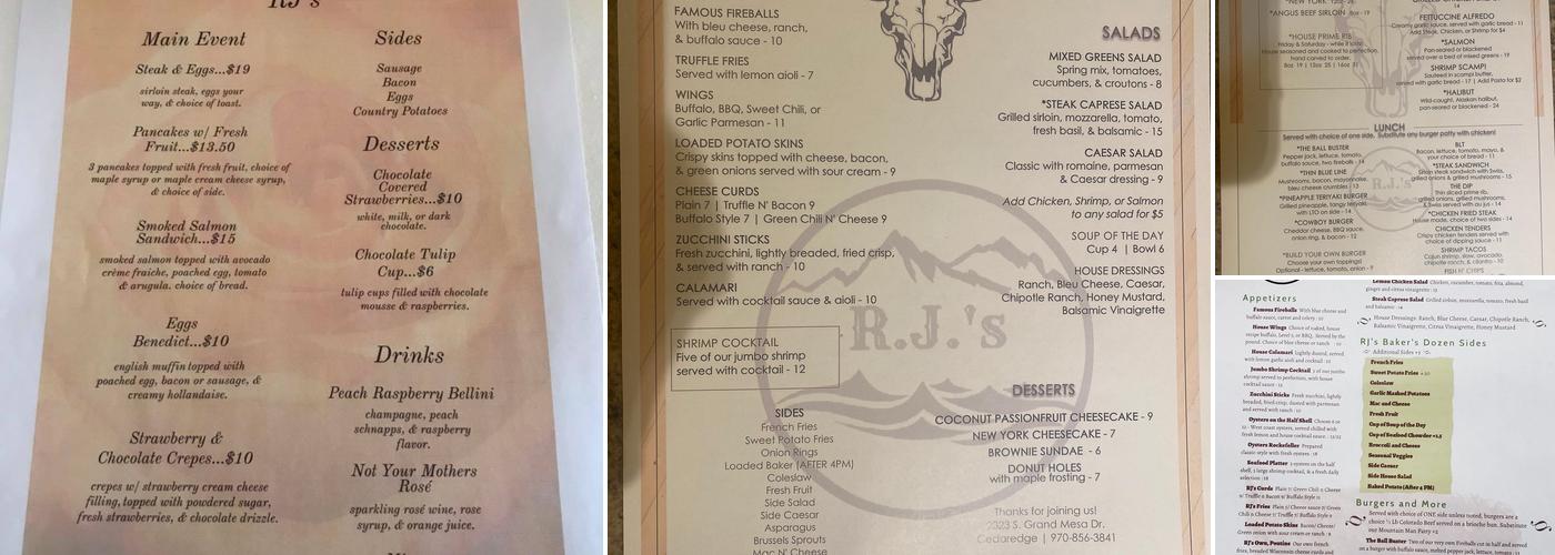 R J's Steak House Menu
