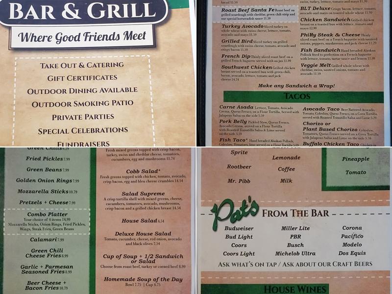 Pat's Bar and Grill Menu