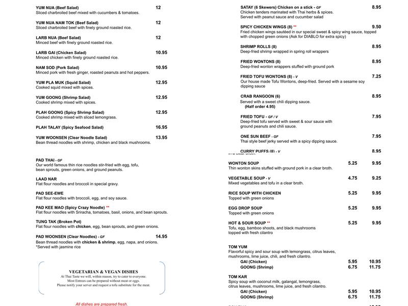 Thai Taste Menu