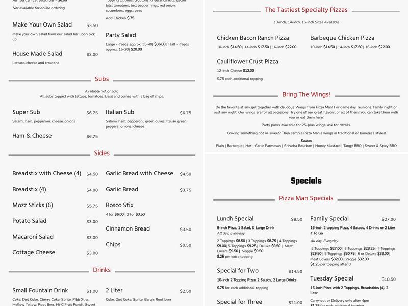 The Pizza Man Menu