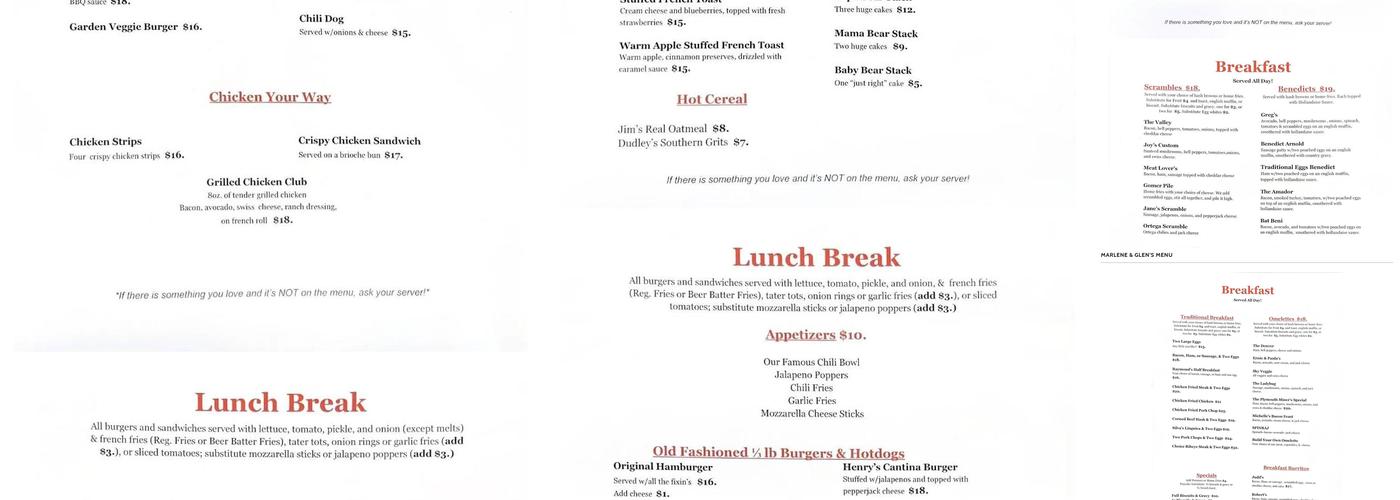 Marlene & Glen's Diner Menu
