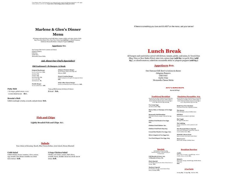 Marlene & Glen's Diner Menu