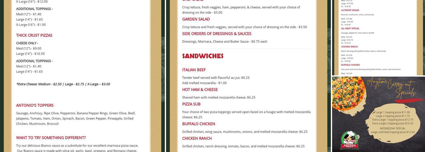 Antonio's Pizza Menu