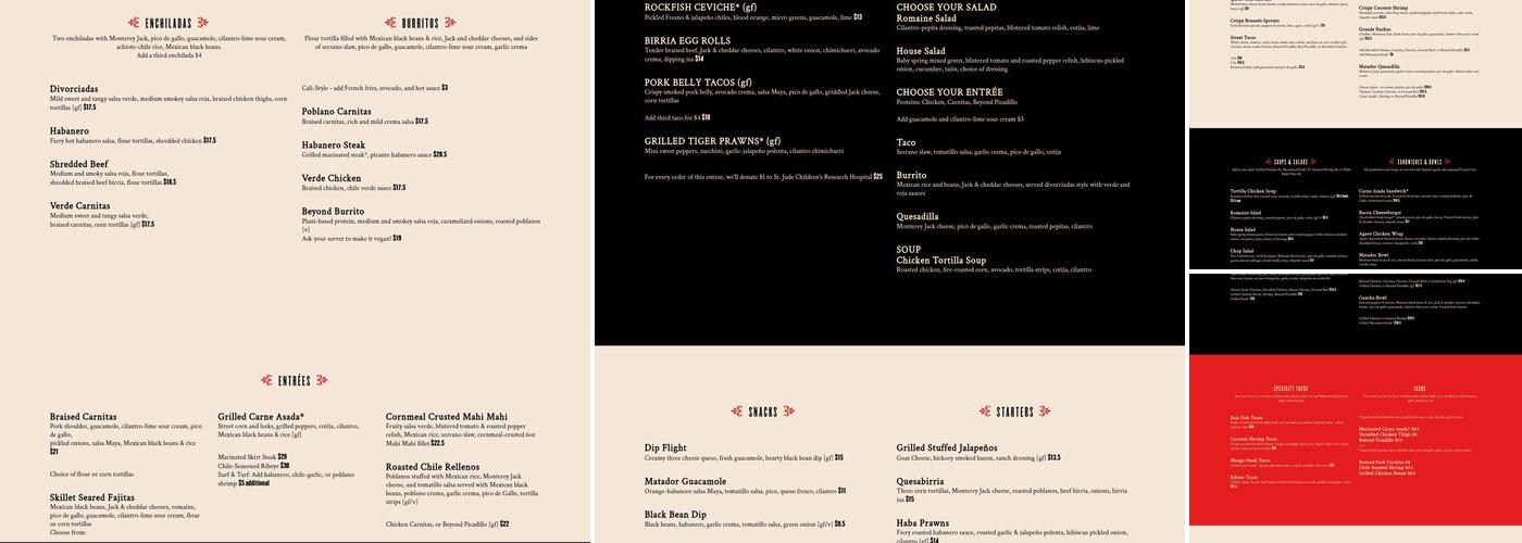 Matador Meridian Menu