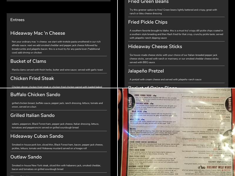 The Hideaway Bar & Grill Menu