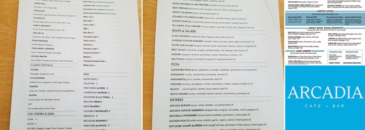 Arcadia Cafe + Bar Menu
