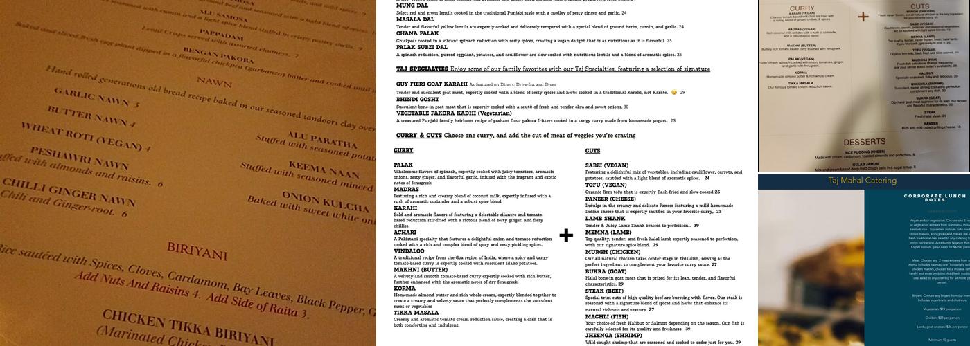 Taj Mahal Homestyle Indian and Pakistani Cuisine Menu