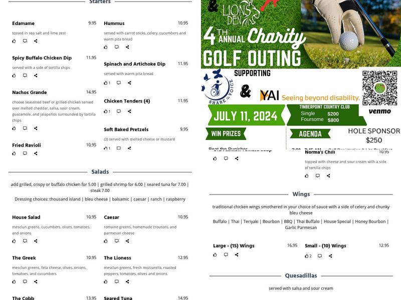 Lion's Den Menu