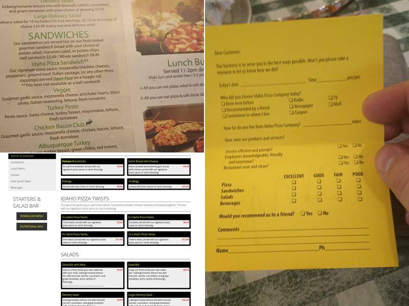 Idaho Pizza Company Menu