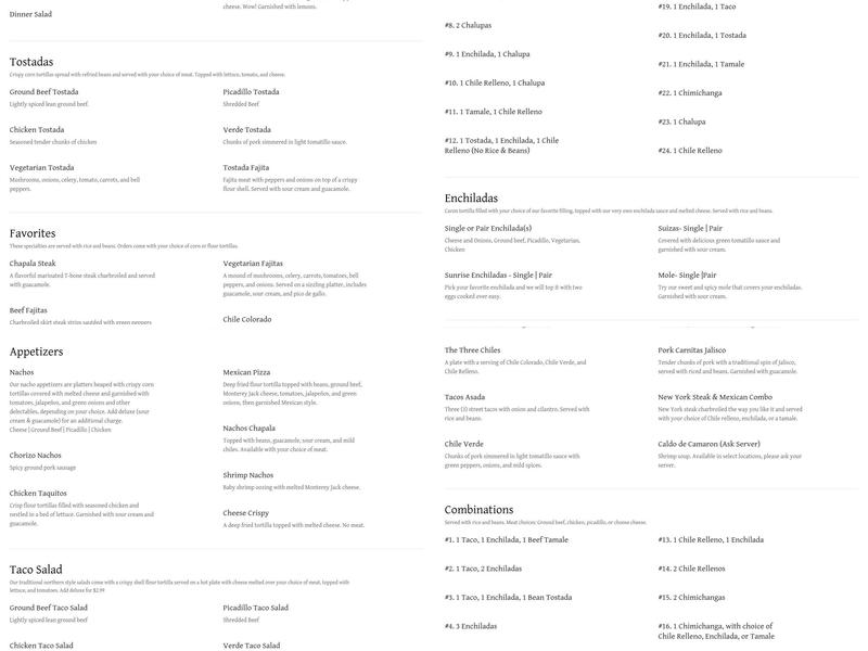 Chapala Mexican Restaurant VII Menu