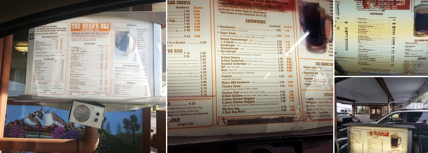 Bear's Den Menu