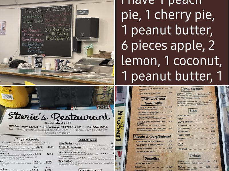 Storie's Restaurant Menu