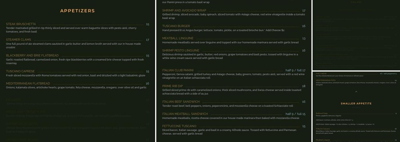 Cafe Tuscano Menu