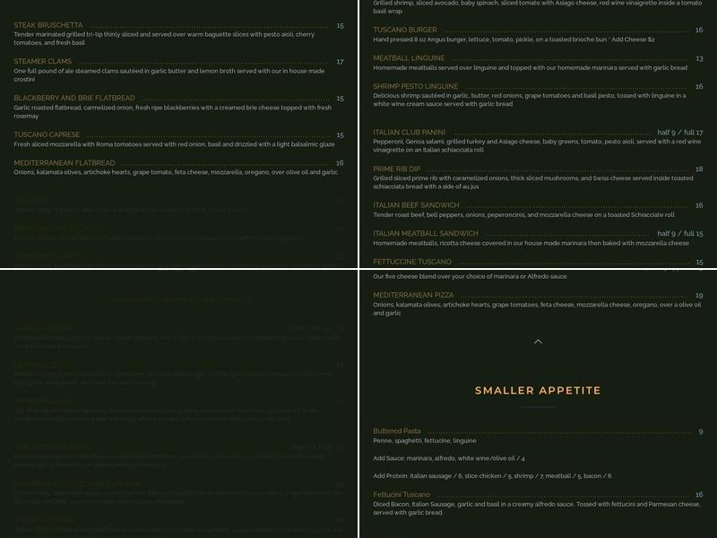Cafe Tuscano Menu