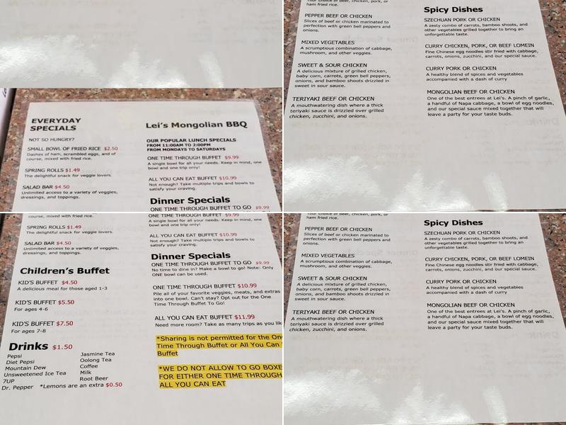 Leis Mongolian B-B-Q Menu