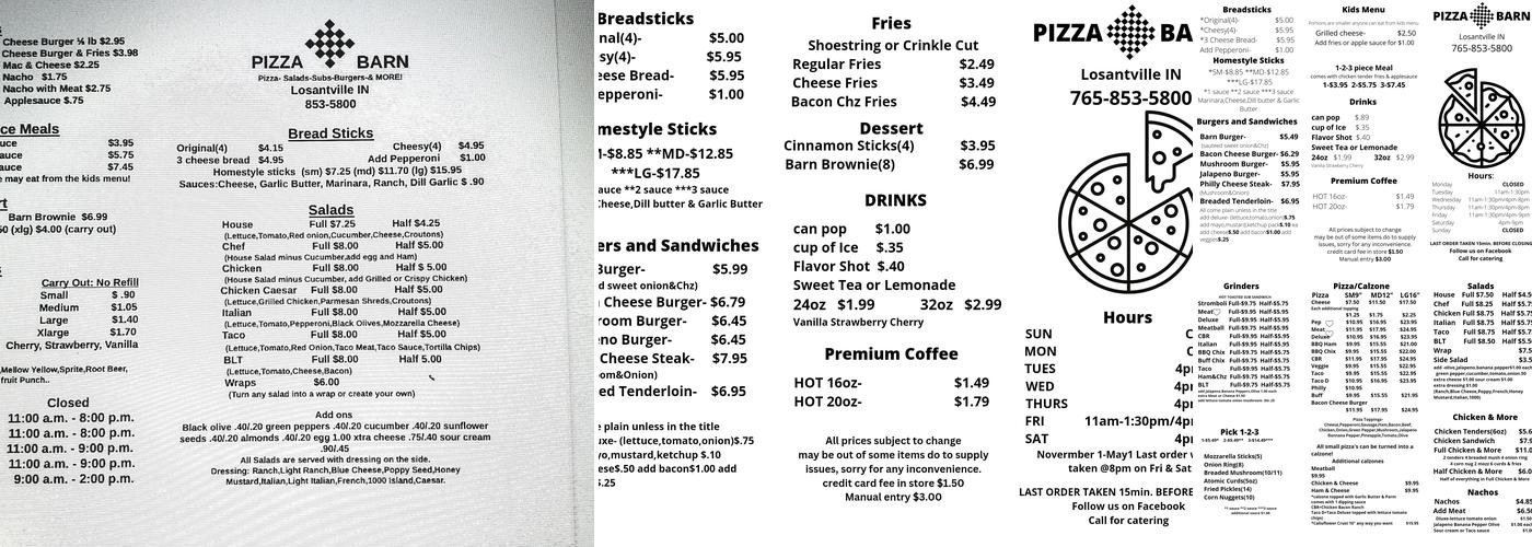 Pizza Barn Menu