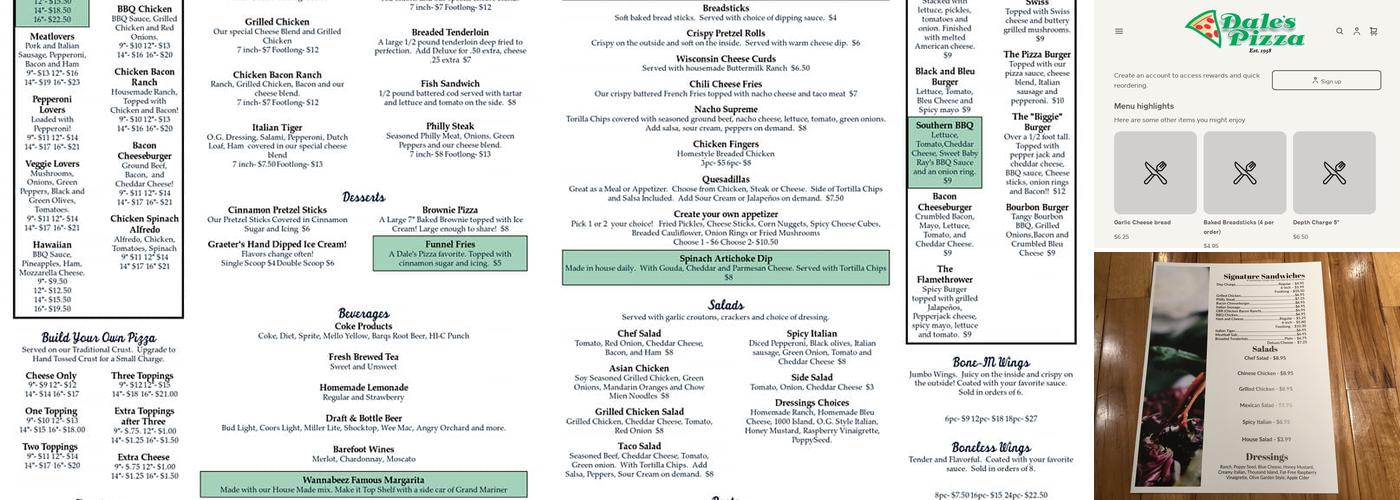 Dale's Pizza Menu