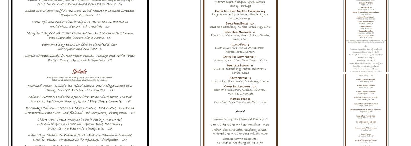 Copper Rill Restaurant Menu