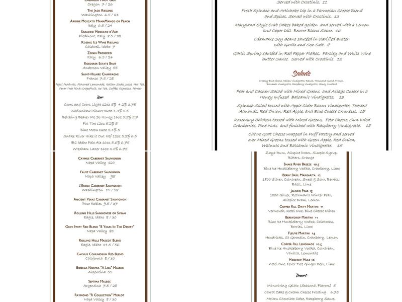 Copper Rill Restaurant Menu