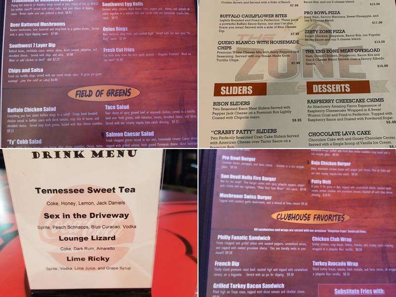 The Zone Sports Grill Menu