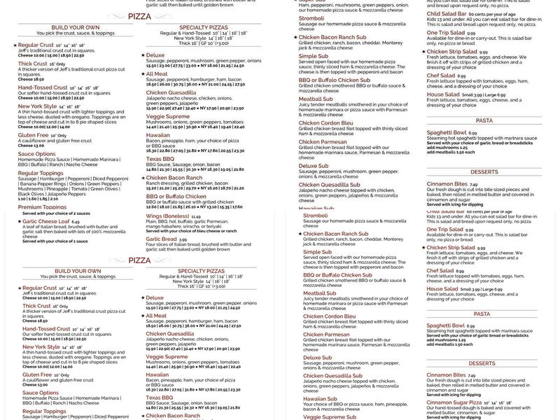 Jeff's Pizza Menu