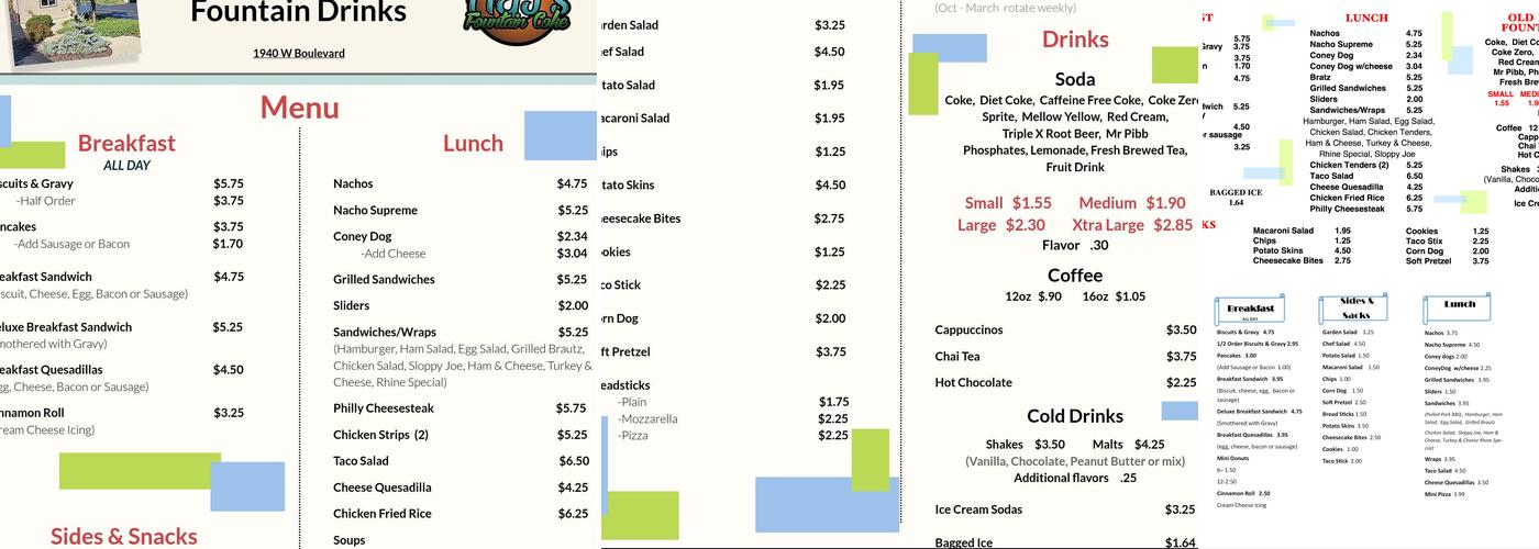 H&Js OLD FASHIONED FOUNTAIN DRINKS Menu