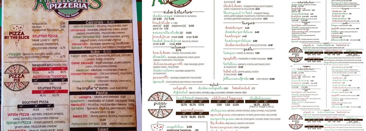 Anthony's Pizza Menu