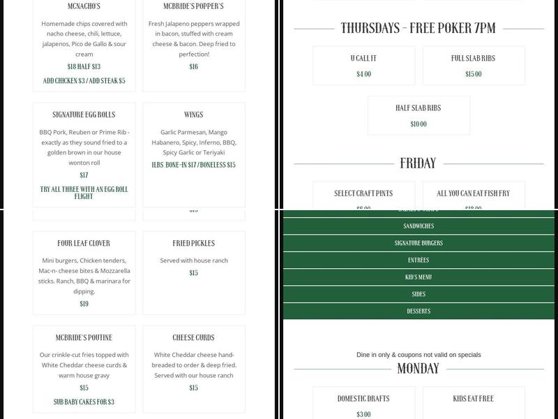 McBride's on 52 Menu