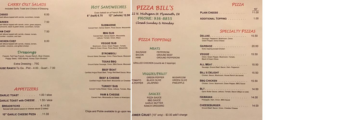 Pizza Bill's Menu
