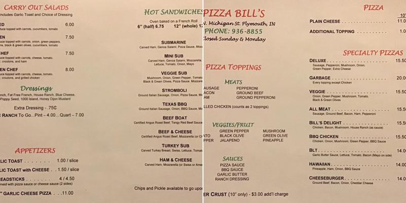 Pizza Bill's Menu