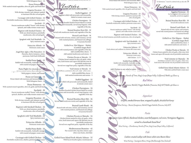 Lucrezia Trattoria Menu