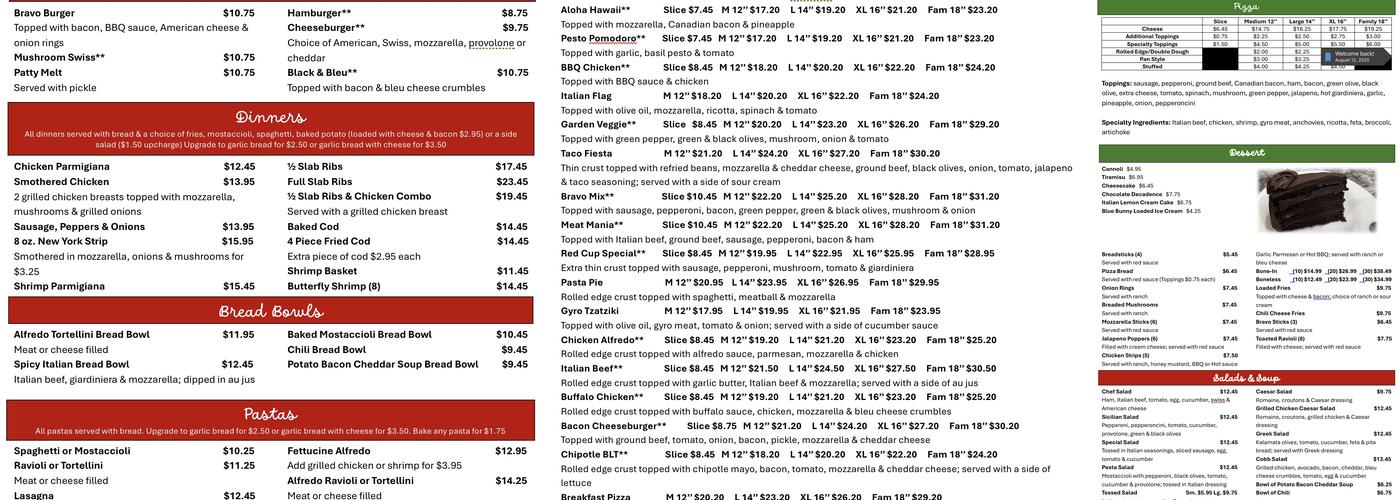 Belvidere Bravo Pizza Menu