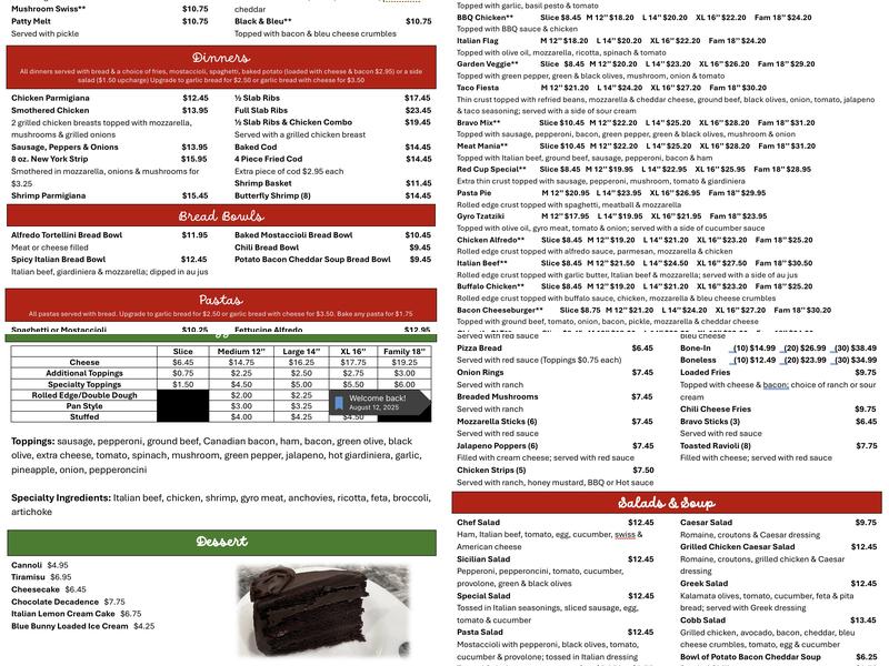 Belvidere Bravo Pizza Menu