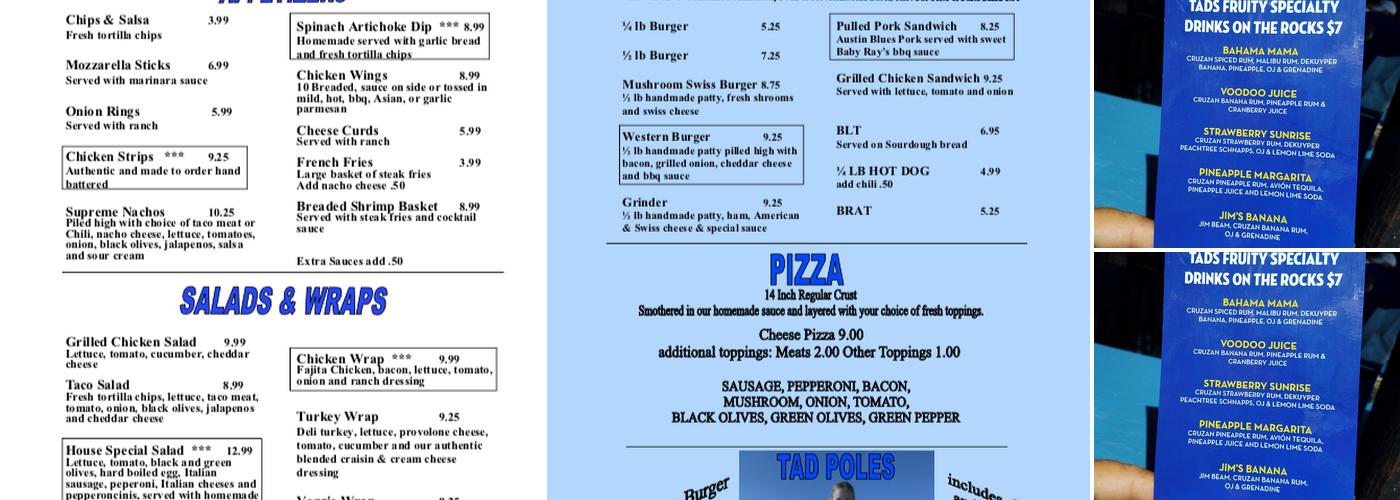 Tad's on the Rock Menu