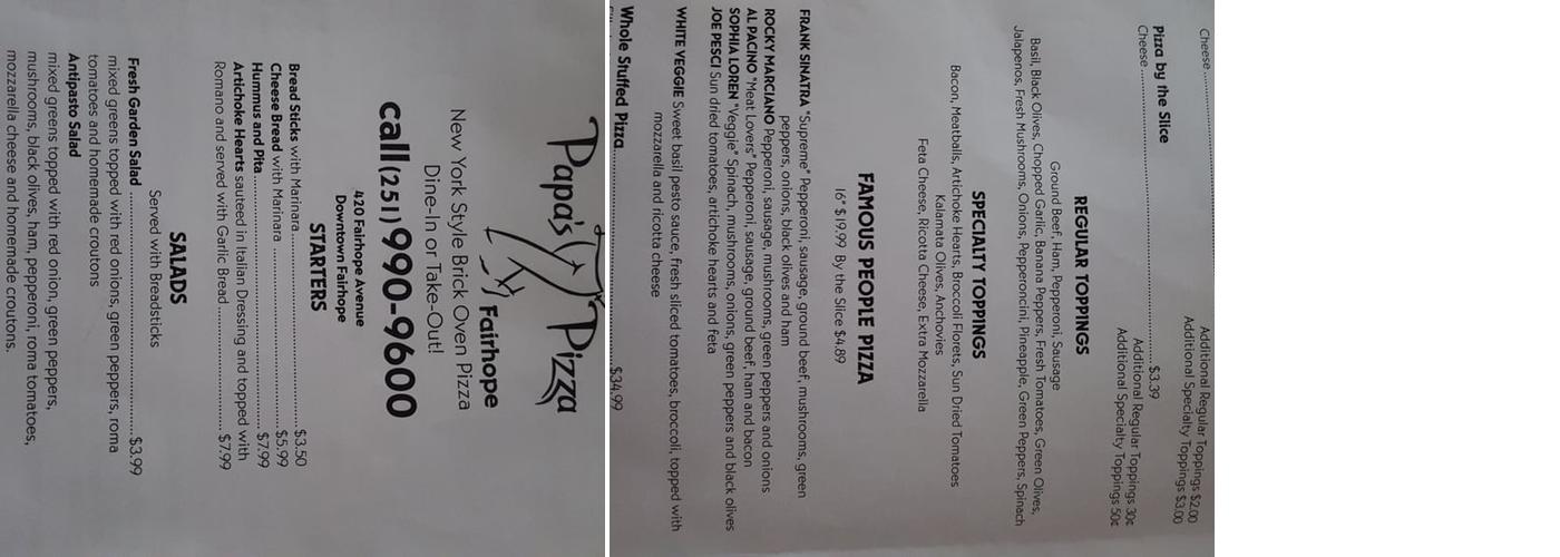 Papa Johns Pizza Menu