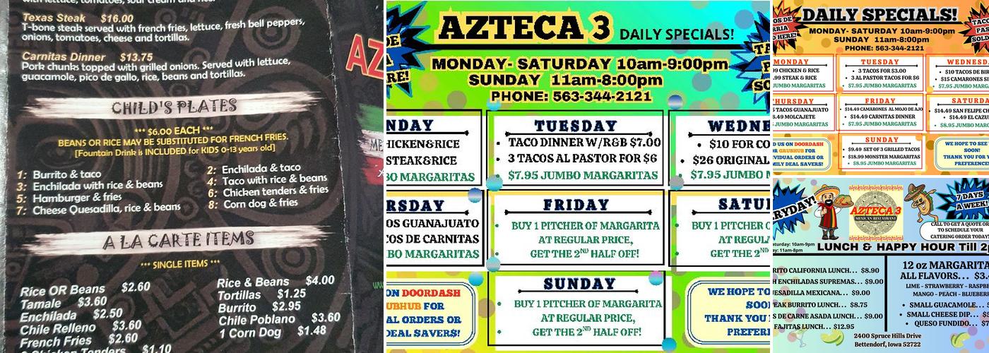 Azteca 3 Authentic Mexican Restaurant Menu