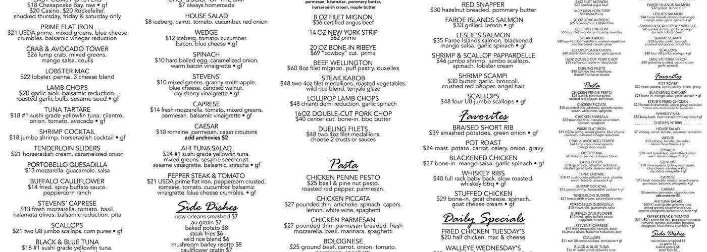 Stevens' Menu
