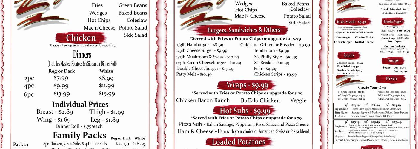Z's Restaurant Menu