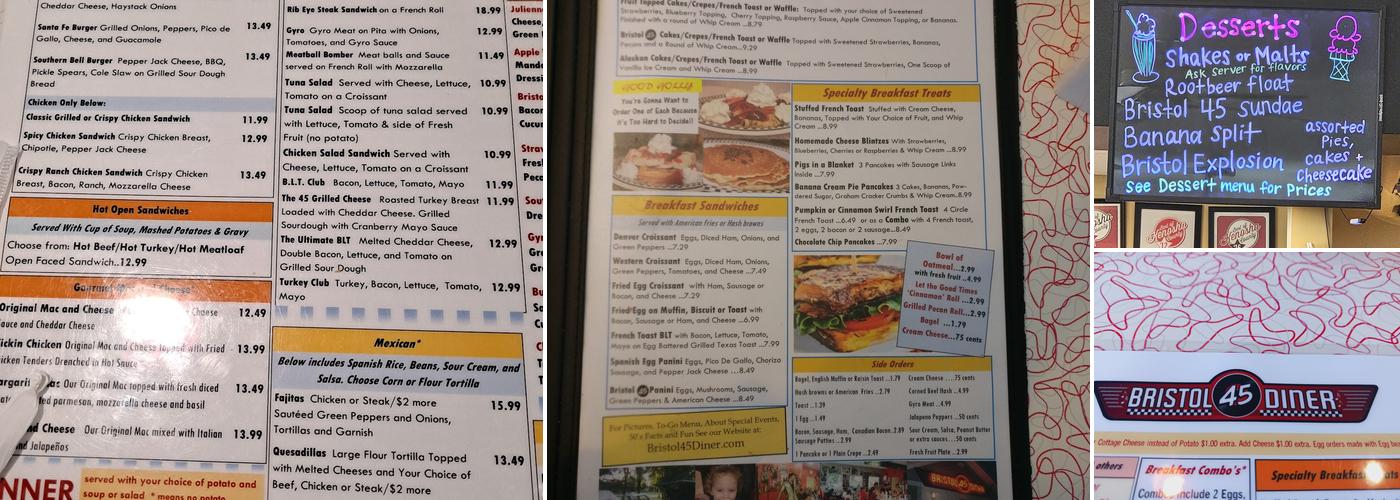 Bristol 45 Diner Menu